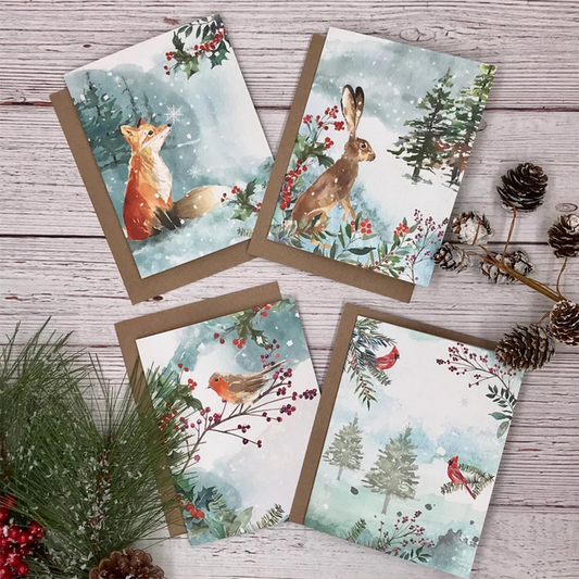 Winter Woodland Animals Christmas Cards, Holiday Watercolor Animals Card, Fox, Hare, Cardinal, Robin Christmas Cards
