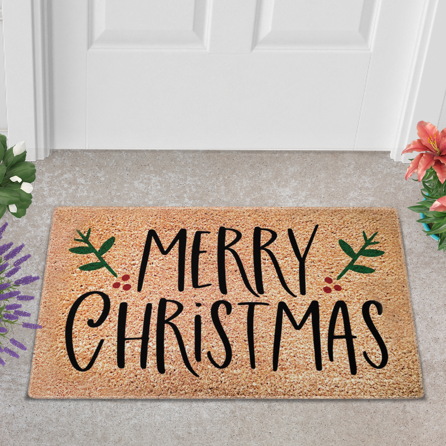 Merry Christmas Door Mat, Holly Christmas Doormat, Winter Decoration, Welcome Mat, Holiday Doormat, Christmas Gift