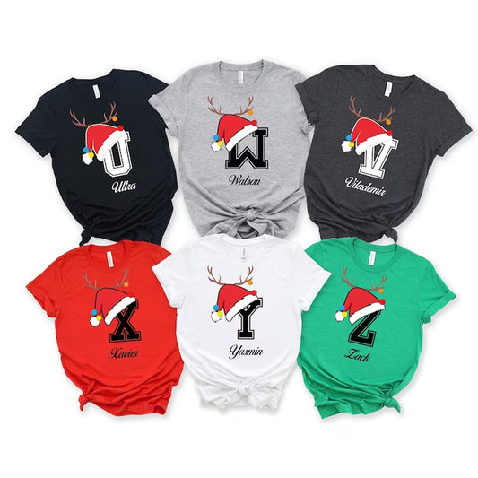 Christmas Custom Name Initial Shirt, Xmas Matching Pajama, Family Christmas Shirt, Personalized Christmas Couple T-Shirt,Christmas Group Tee