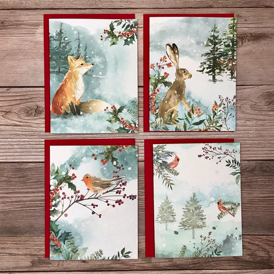 Winter Woodland Animals Christmas Cards, Holiday Watercolor Animals Card, Fox, Hare, Cardinal, Robin Christmas Cards