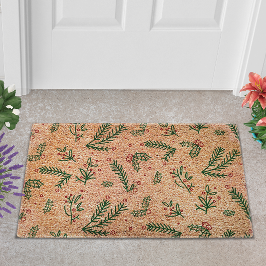 Holly Branches Pattern Door Mat | Winter Doormat, Welcome Mat, Cute Christmas Door Mat, Winter Holiday Decor Gift, Home Doormat