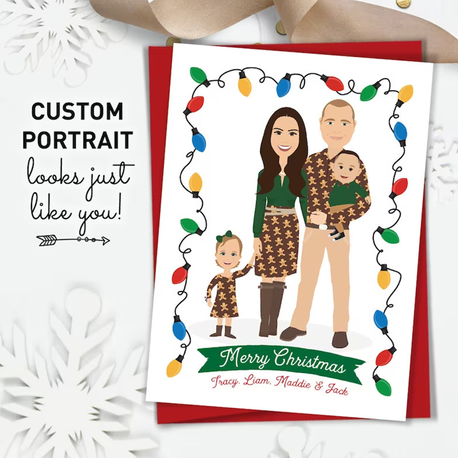 Personalized Family Portrait Illustration, Drawing From Photo, Holiday Card For Family, Christmas Gifts For Family