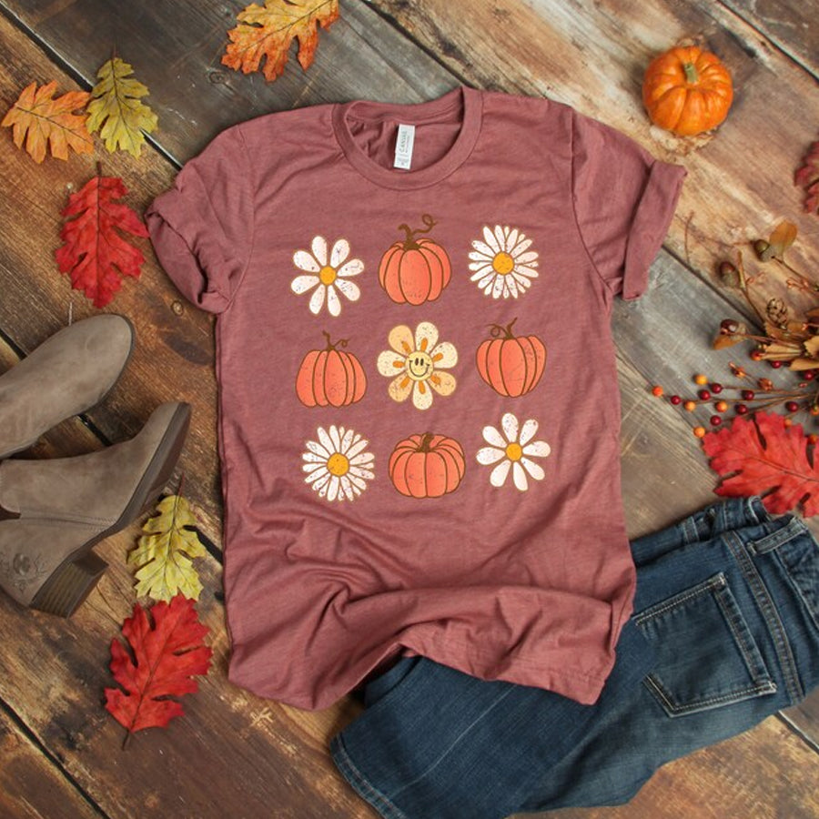 Floral Pumpkin Patch Shirt, Fall T-Shirt for Women, Retro Halloween Tee, Thanksgiving Shirt, Fall Vibes, Pumpkins Shirt