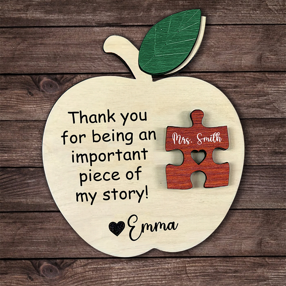 Personalized Puzzle Apple Wooden Sign, Gift for Teacher, Thank You Teacher Gift